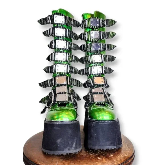 Sold-Demonia acid green glow in the dark mega platform knee-high boots size 7 US - Picture 7 of 10